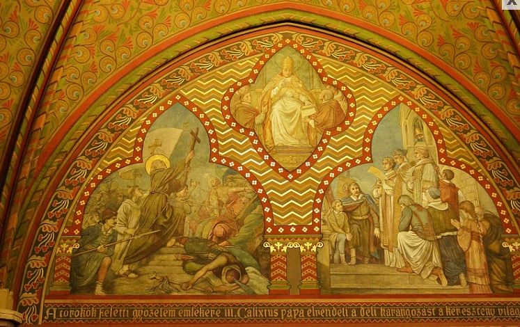 A Budavári Nagyboldogasszony Templomban Lotz Károly festményén középen Callixtus pápa, alatta a felirat: A nándorfehérvári diadal emlékére III. Callixtus pápa elrendeli a déli harangozást